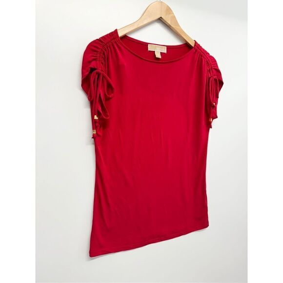 Michael Kors Red Shirt Ladies Size Small Ruched Pullover Short Sleeve Logo - Picture 2 of 7